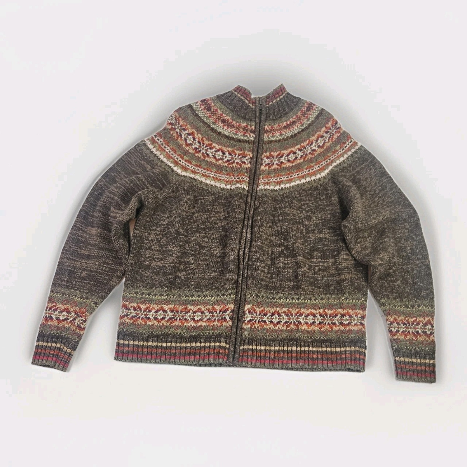 Vintage Y2k 2000s Fair Isle Ski Sweater Cardigan Womens Xl Full Zip Green Brown